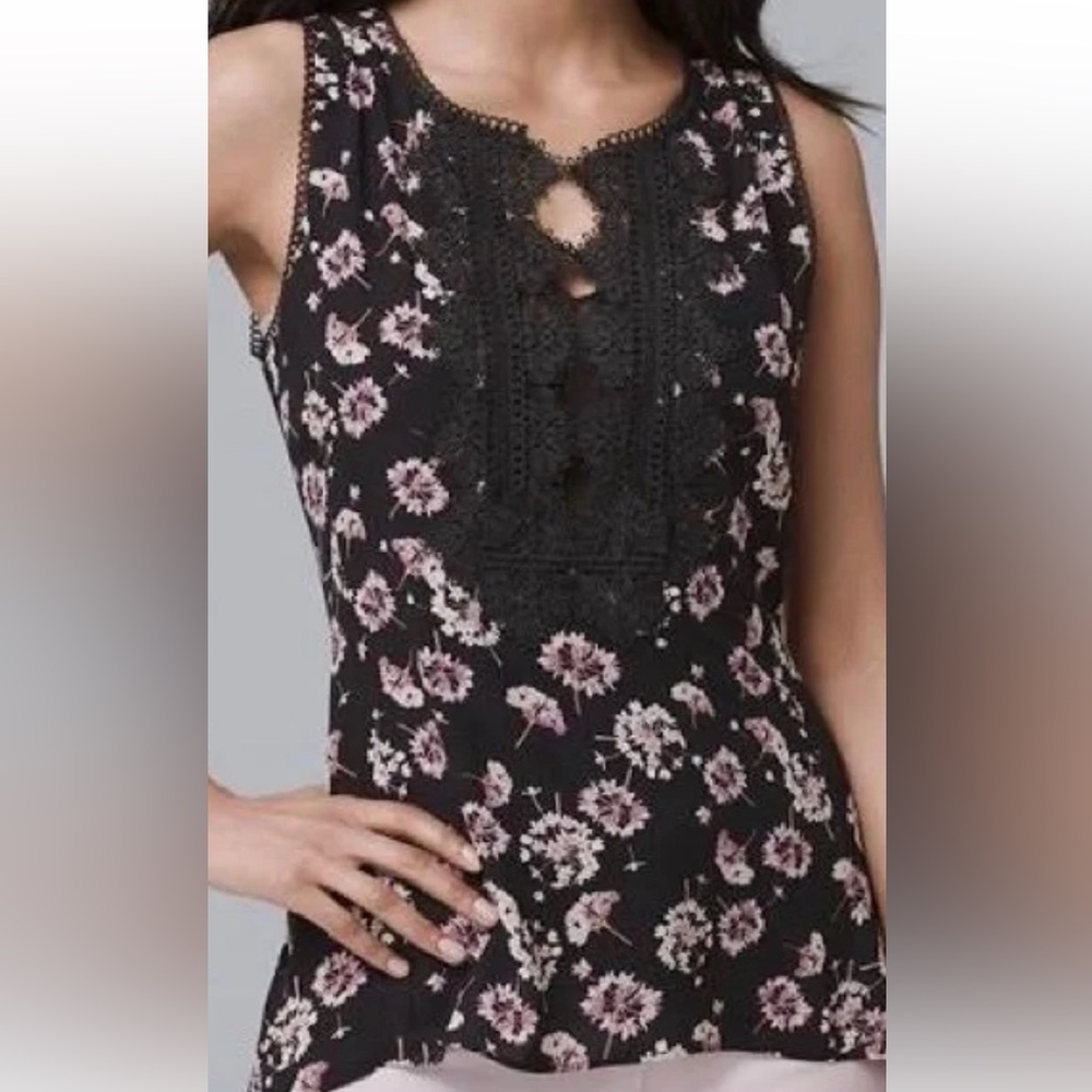 White House Black Market Top Black & Pink Floral Sleeveless Lace Top XS